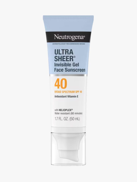 Neutrogena Ultra Sheer Invisible Gel Face Sunscreen SPF 40 in branded tube component on a light gray background